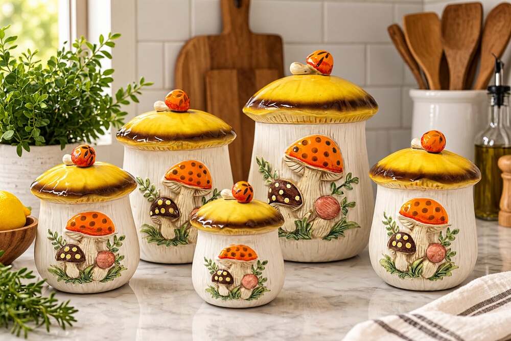 Vintage Mushroom Ceramic Canister Set of 4 with Lids (Sm, Md, Lg, Xtra Lg)